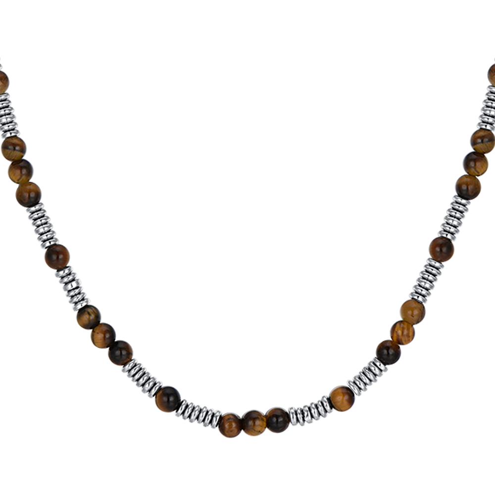 COLLIER HOMME EN ACIER AVEC PIERRES EN OEIL DE TIGRE ET ÉLÉMENTS EN ACIER