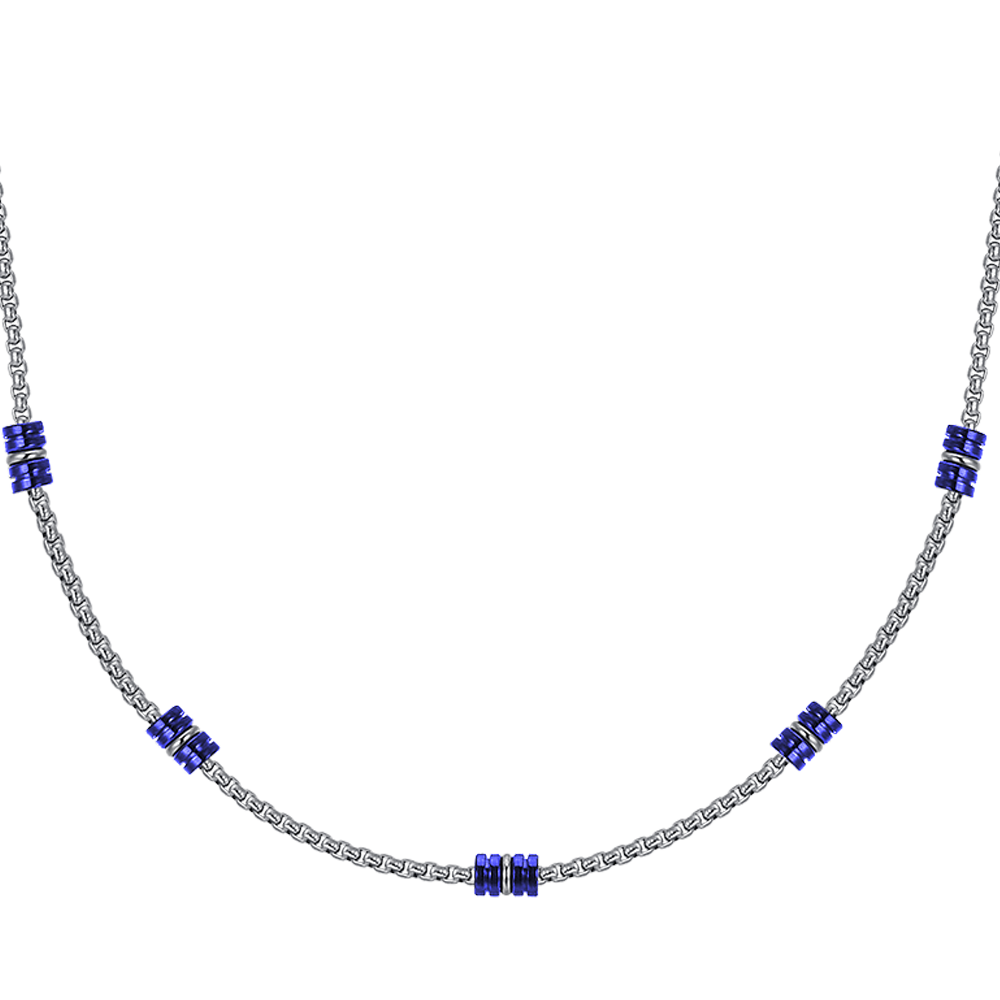 COLLIER HOMME EN ACIER AVEC ÉLÉMENTS IP BLEUS ET ARGENTÉS