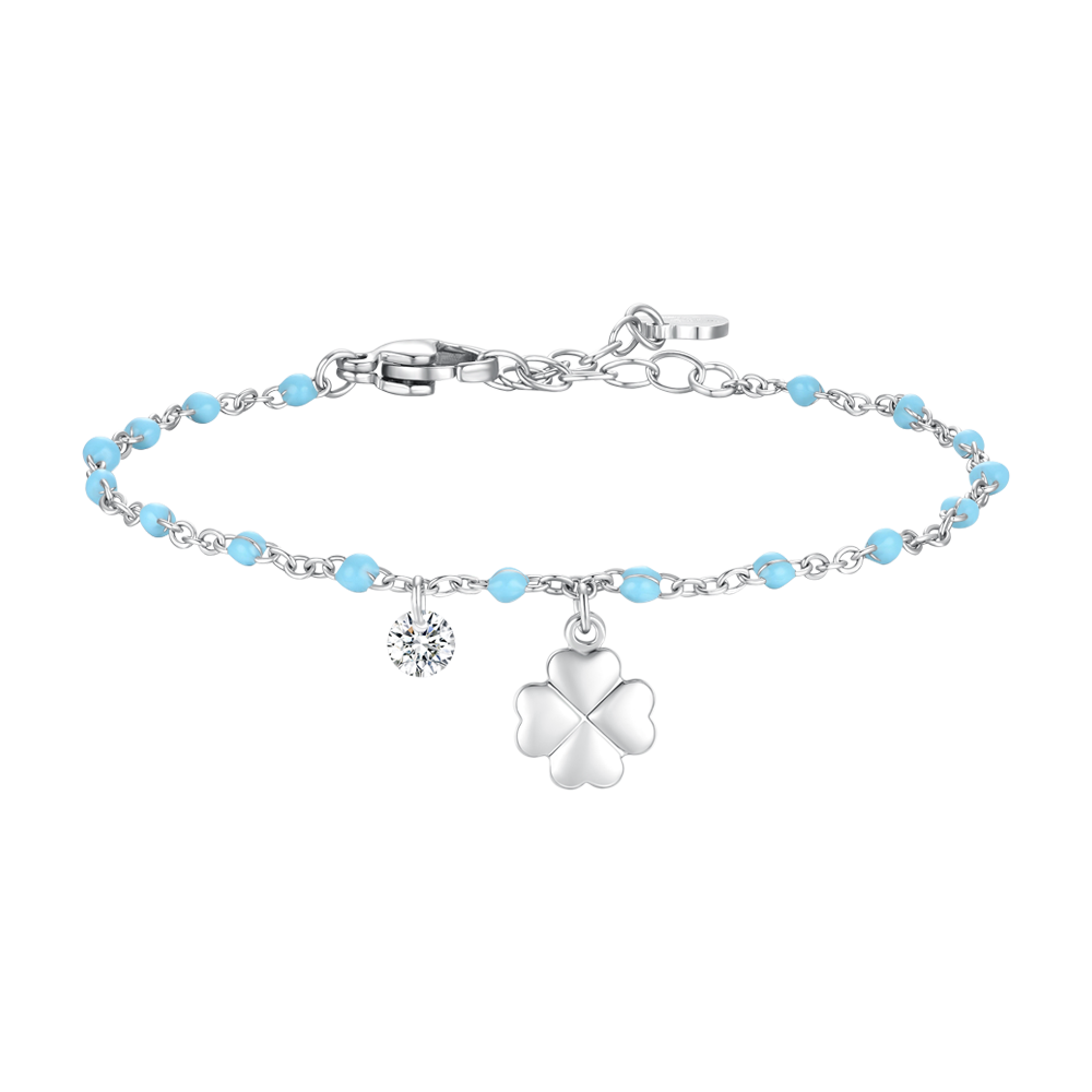 CAVIGLIERA DONNA IN ACCIAIO CON QUADRIFOGLIO,CRISTALLO E PIETRE TURCHESI