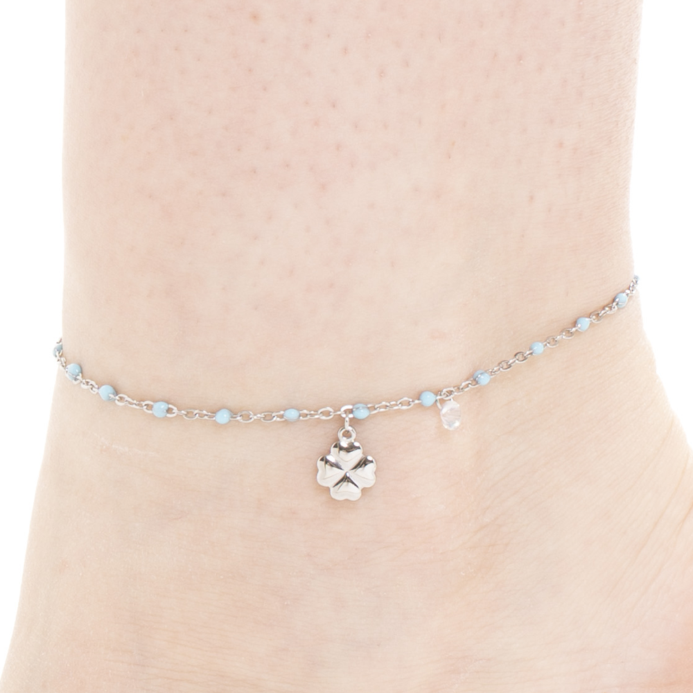 CAVIGLIERA DONNA IN ACCIAIO CON QUADRIFOGLIO,CRISTALLO E PIETRE TURCHESI