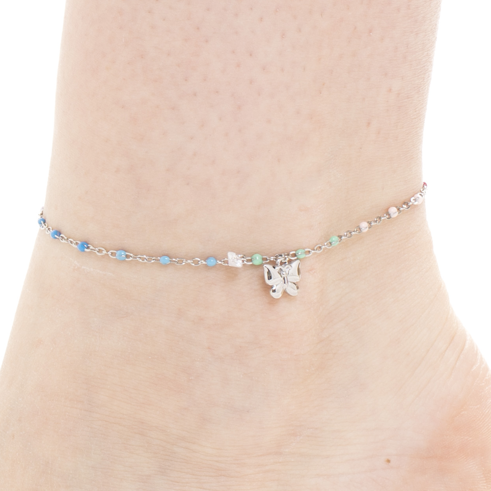 CAVIGLIERA DONNA IN ACCIAIO CON FARFALLA,CRISTALLO E PIETRE MULTICOLOR