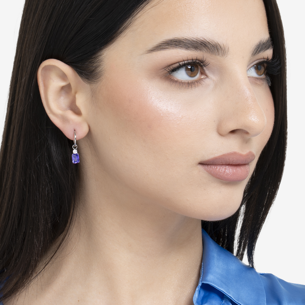 MONO ORECCHINI DONNA IN ACCIAIO CON ZIRCONI VIOLA E BIANCHI