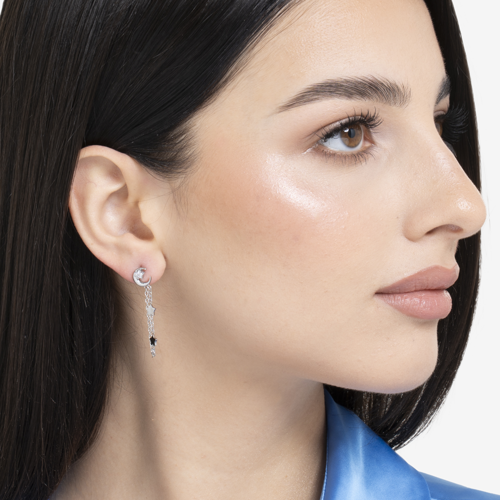 MONO ORECCHINO DONNA IN ACCIAIO, LUNA CON ZIRCONE BIANCO E STELLE