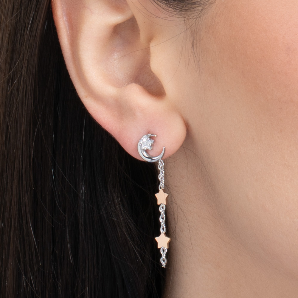 MONO ORECCHINO DONNA IN ACCIAIO, LUNA CON ZIRCONE BIANCO E STELLE