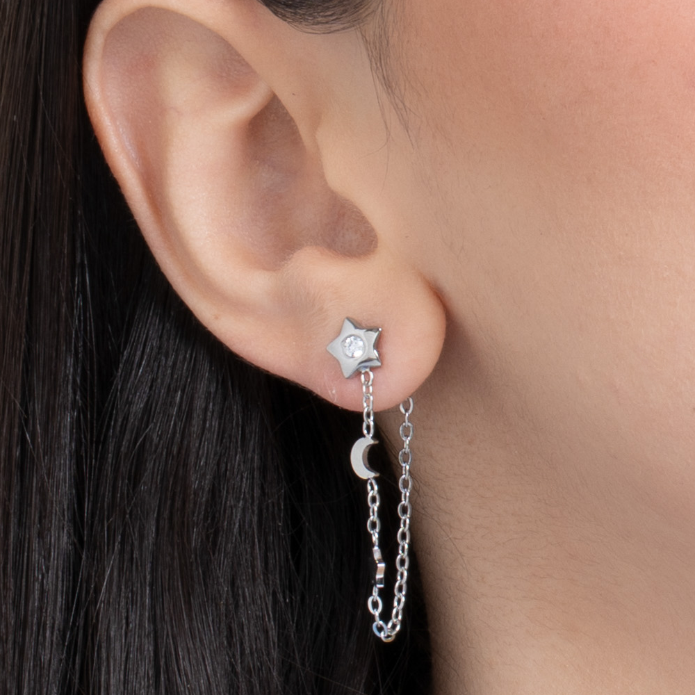 MONO ORECCHINO DONNA IN ACCIAIO, LUNA CON ZIRCONE BIANCO E STELLE