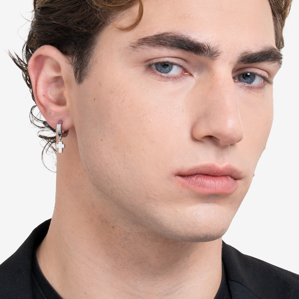 BOUCLE D'OREILLE MONO ACIER AVEC CROIX