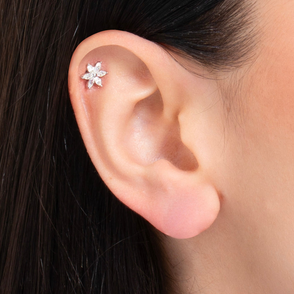 PIERCING ORECCHIO DONNA IN ACCIAIO FIORE PETALI ZIRCONI BIANCHI