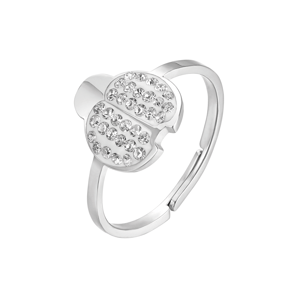BAGUE EN ACIER POUR DAMES AVEC COCCINELLE ET CRISTAUX BLANCS TAILLE : M