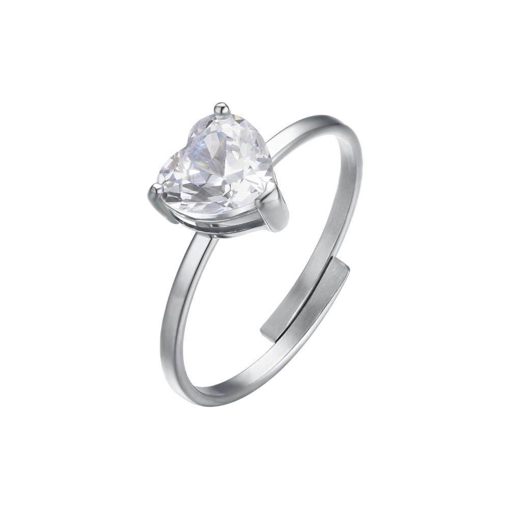 BAGUE EN ACIER POUR FEMME AVEC CRISTAL BLANC EN FORME DE CŒUR