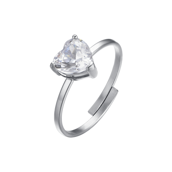 BAGUE EN ACIER POUR FEMME AVEC CRISTAL BLANC EN FORME DE CŒUR