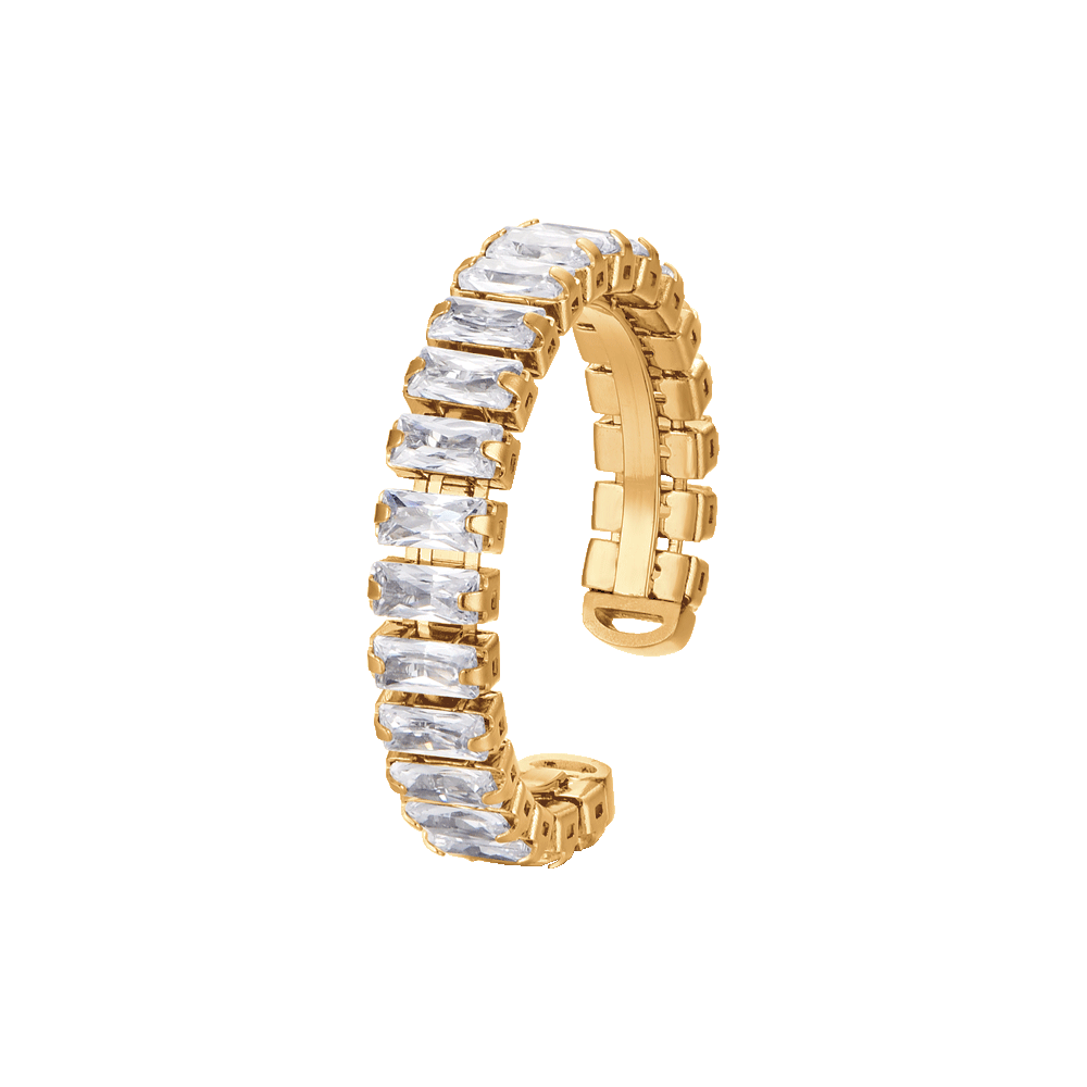 BAGUE POUR FEMME, EN ACIER ET OR, AVEC CRISTAUX BLANCS.