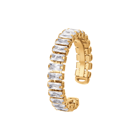BAGUE POUR FEMME, EN ACIER ET OR, AVEC CRISTAUX BLANCS.