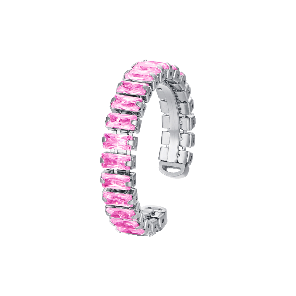 BAGUE POUR FEMME EN ACIER RÉGLABLE AVEC CRISTAUX FUCHSIA
