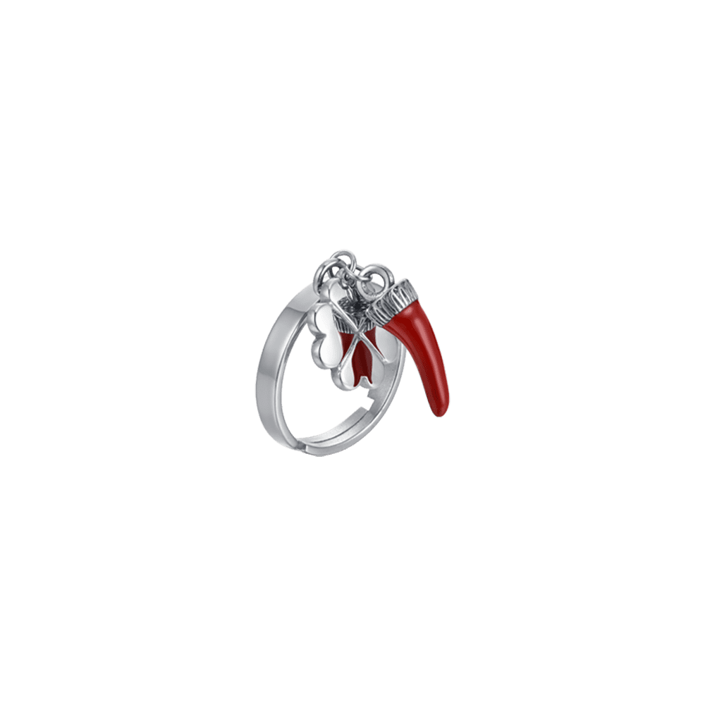 BAGUE DE FEMME EN ACIER AVEC COURONNE ENAMELÉE DE ROUGE ET QUADRIFOGLIO Luca Barra