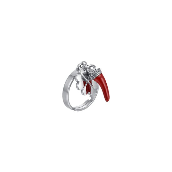 BAGUE DE FEMME EN ACIER AVEC COURONNE ENAMELÉE DE ROUGE ET QUADRIFOGLIO Luca Barra