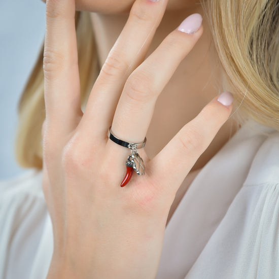 BAGUE DE FEMME EN ACIER AVEC COURONNE ENAMELÉE DE ROUGE ET QUADRIFOGLIO Luca Barra