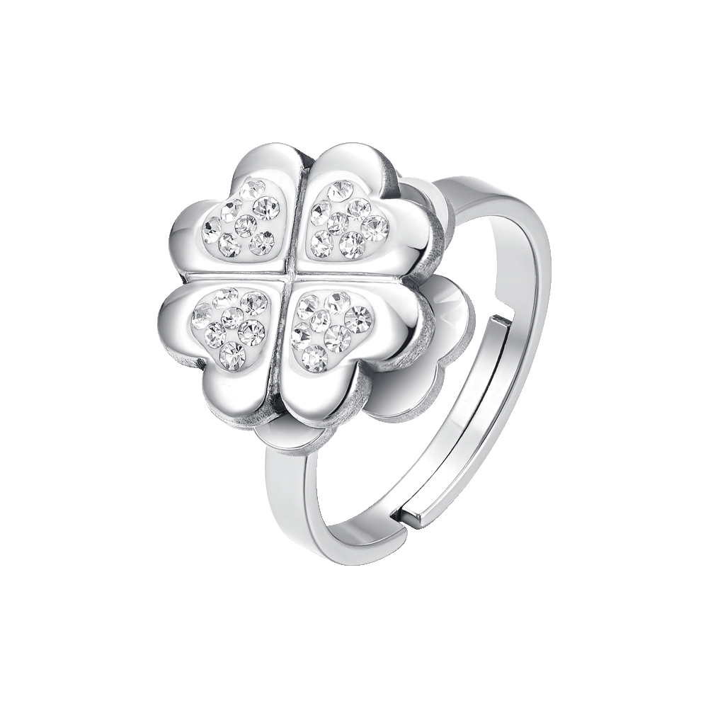 ANELLO DONNA IN ACCIAIO CON QUADRIFOGLIO GIREVOLE CON CRISTALLI BIANCHI