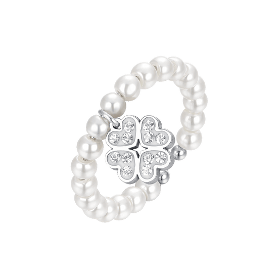 ANELLO DONNA IN ACCIAIO CON PERLE SINTETICHE E QUADRIFOGLIO CON CRISTALLI BIANCH