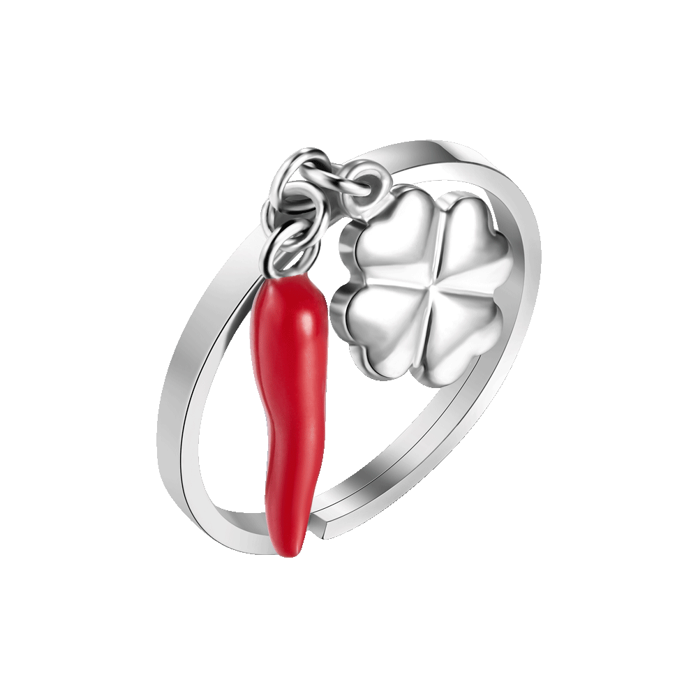 ANELLO DONNA IN ACCIAIO CON CORNO ROSSO E QUADRIFOGLIO