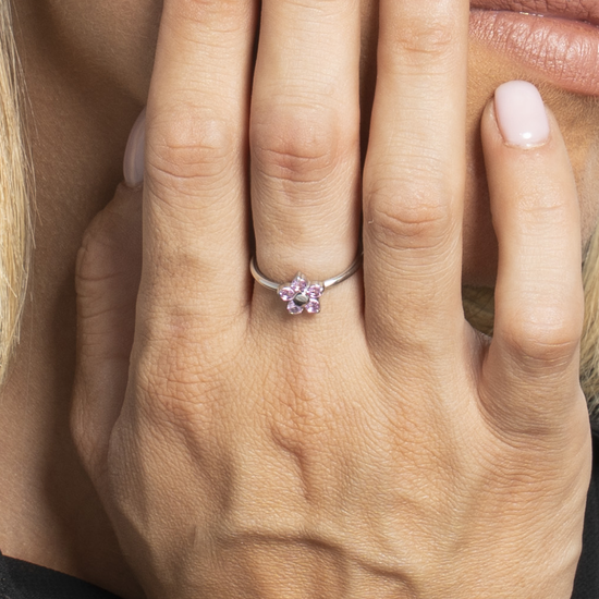 ANELLO DONNA IN ACCIAIO CON FIORE E ZIRCONI MAGENTA