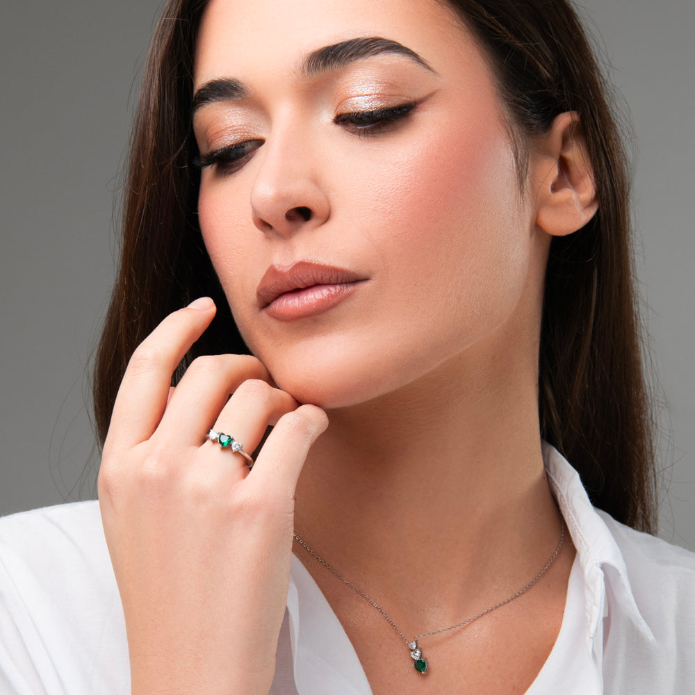 ANELLO DONNA IN ACCIAIO CON CUORI CON ZIRCONI BIANCHI E VERDI