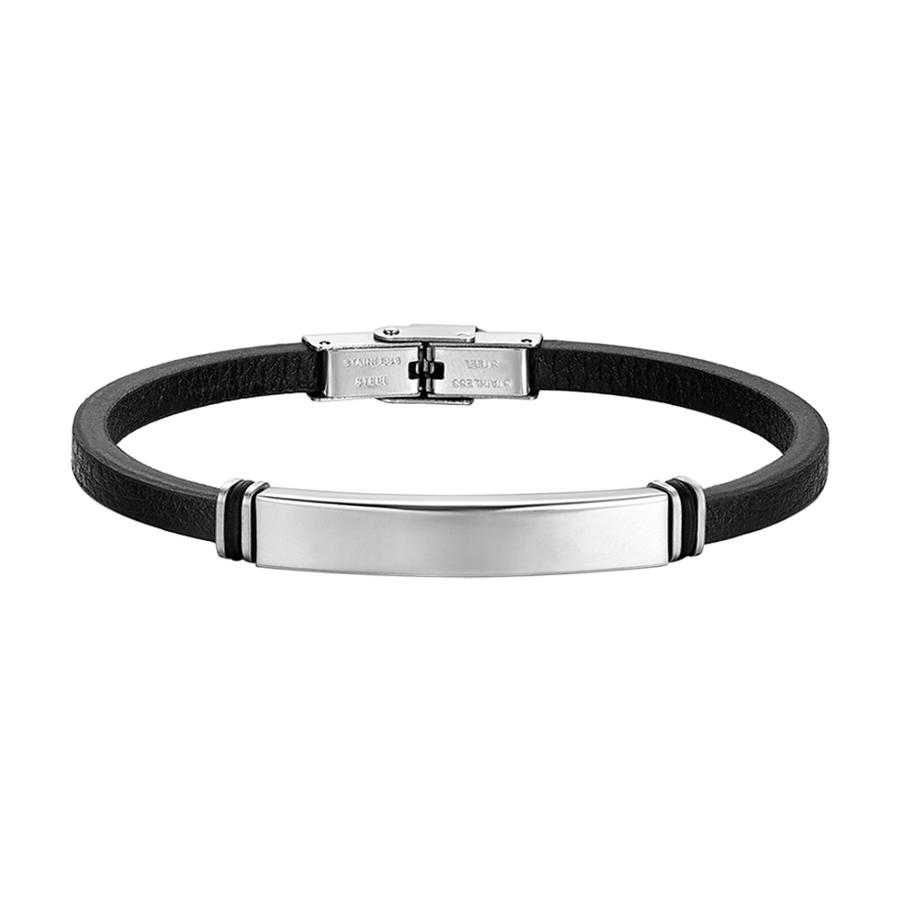 BRACCIALE UOMO IN CUOIO NERO CON PIASTRA IN ACCIAIO