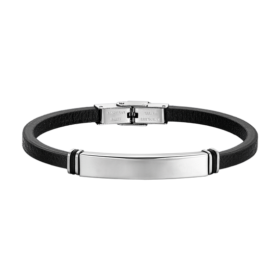 BRACCIALE UOMO IN CUOIO NERO CON PIASTRA IN ACCIAIO