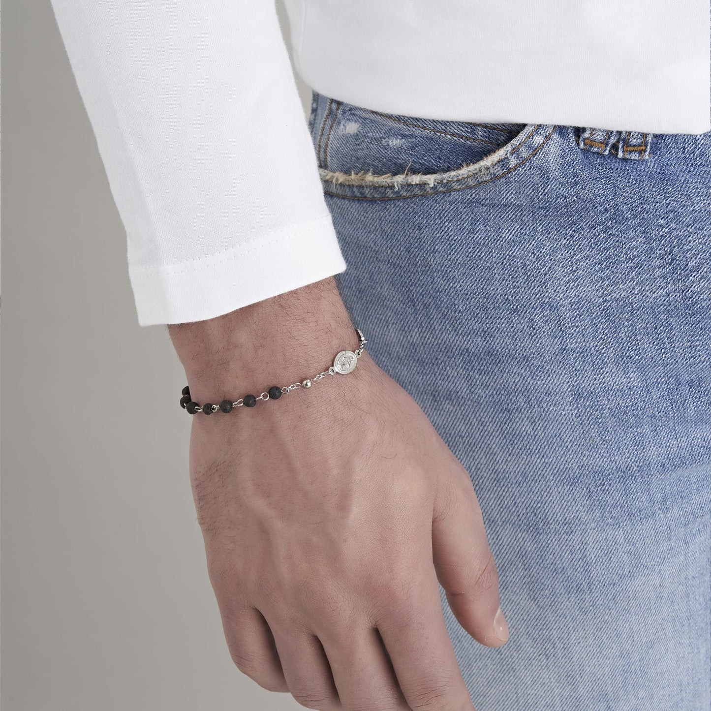 BRACELET ROSAIRE EN ACIER POUR HOMME AVEC PIERRE DE LAVE