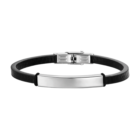 BRACCIALE UOMO IN CUOIO NERO CON PIASTRA IN ACCIAIO
