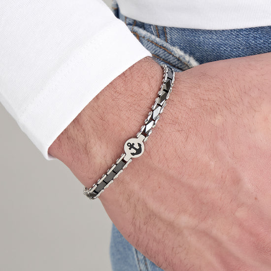 BRACELET POUR HOMME EN ACIER AVEC ÉLÉMENTS EN CERAMIQUE NOIRE AVEC ANCRE Luca Barra