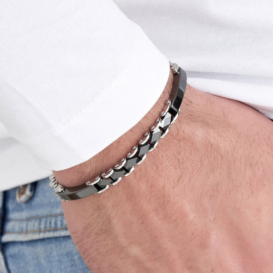 BRACELET POUR HOMME EN ACIER AVEC ÉLÉMENTS EN CÉRAMIQUE NOIRE