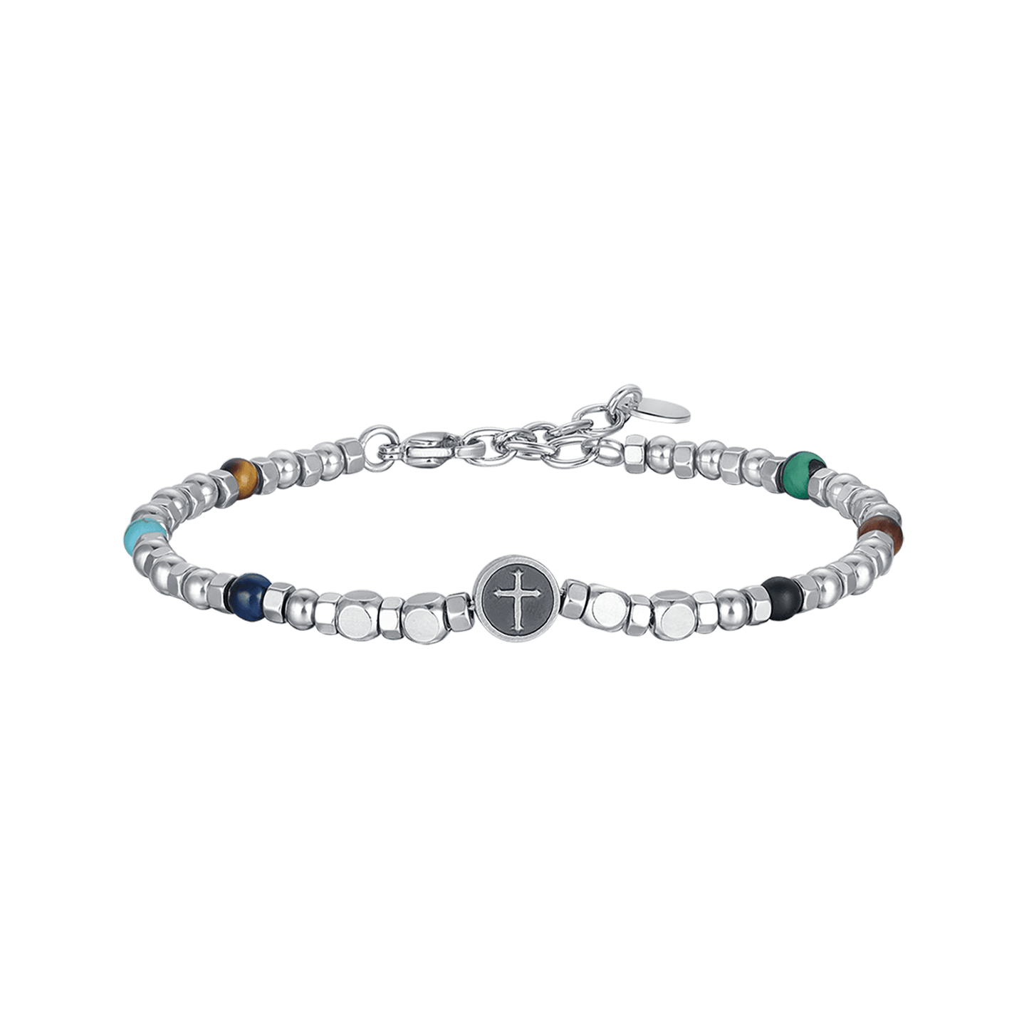 BRACELET EN ACIER POUR HOMME AVEC PIERRES COLORÉES ET CROIX Luca Barra