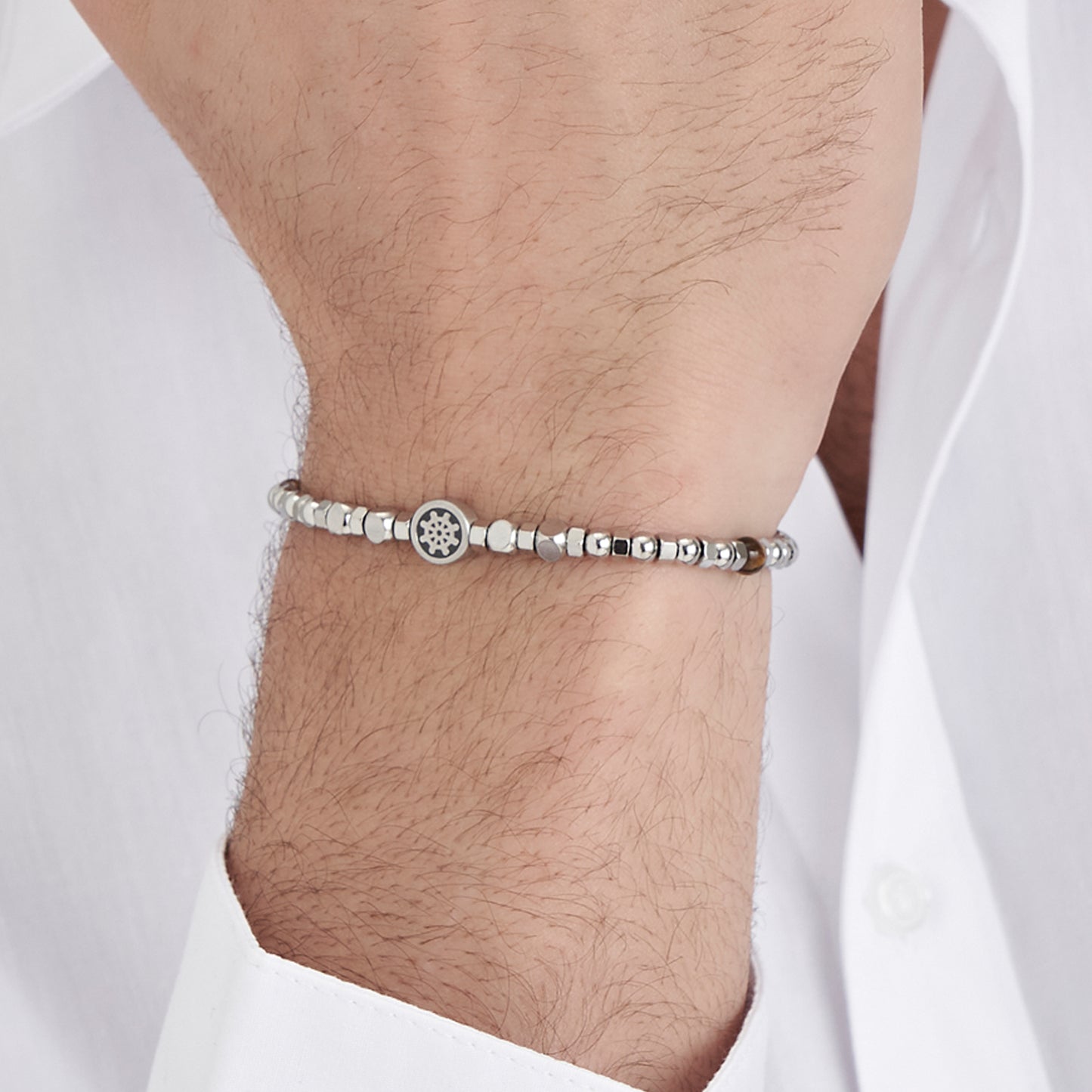 BRACELET EN ACIER POUR HOMME AVEC OEIL DE TIGRE ET THYME Luca Barra