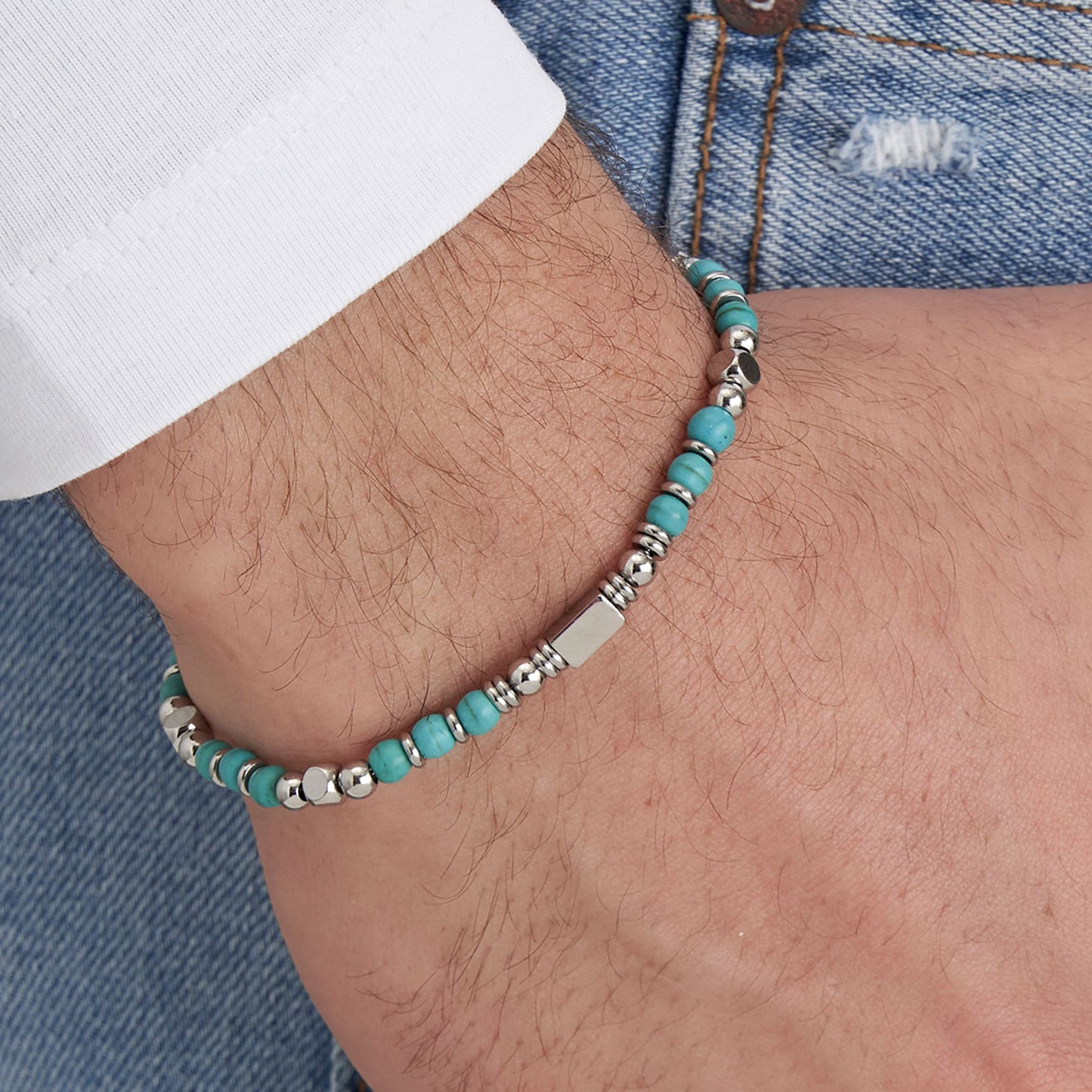 BRACELET POUR HOMME EN ACIER AVEC PIERRES TURQUOISES