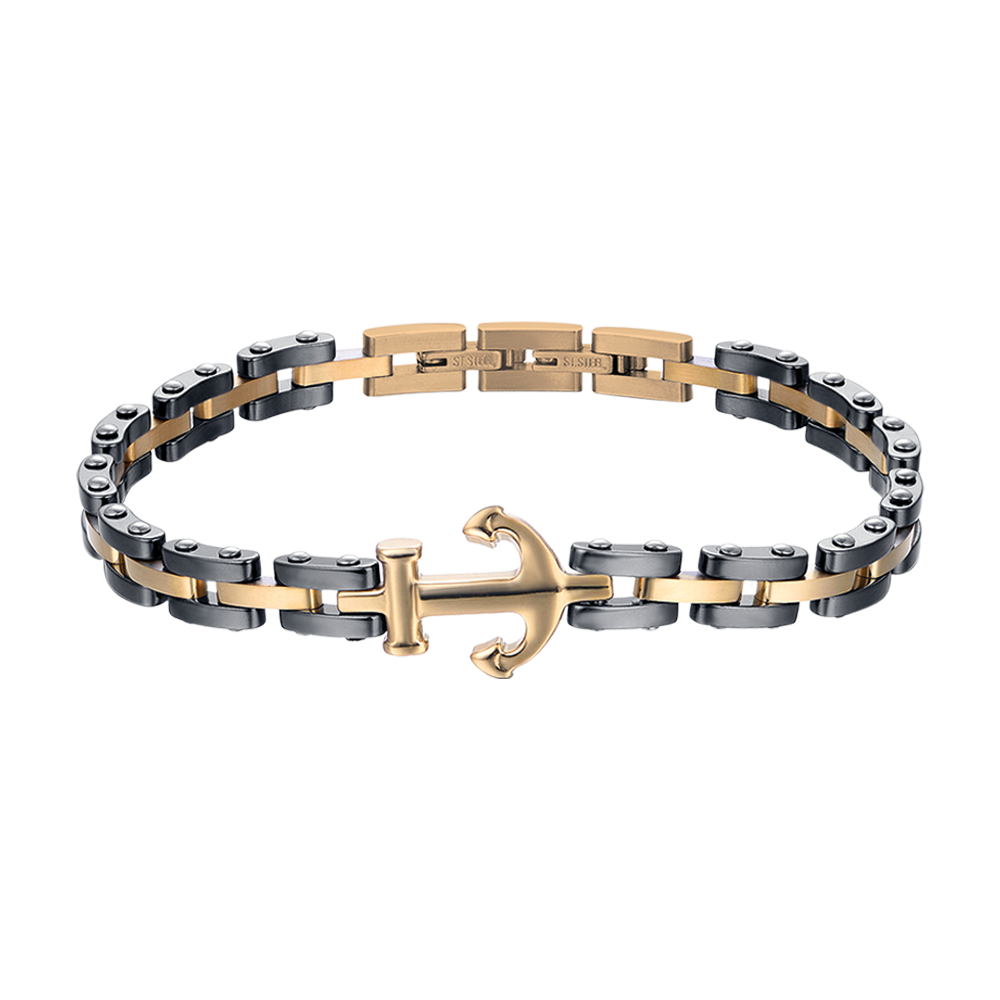 BRACELET POUR HOMME EN ACIER ROSE IP AVEC ÉLÉMENTS EN CERAMIQUE NOIRE ET ANCRE Luca Barra