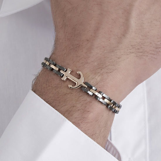 BRACELET POUR HOMME EN ACIER ROSE IP AVEC ÉLÉMENTS EN CERAMIQUE NOIRE ET ANCRE Luca Barra