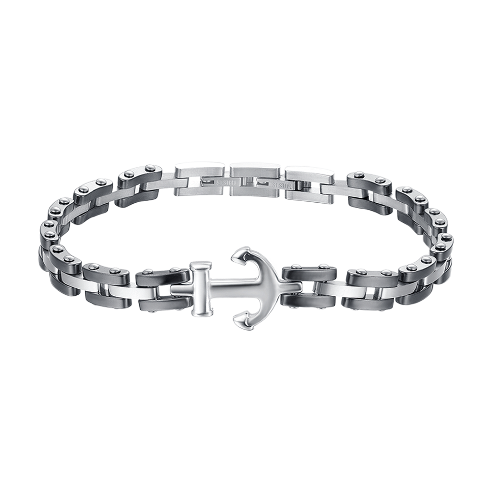 BRACELET HOMME IP EN ACIER ROSE AVEC ÉLÉMENTS EN CÉRAMIQUE NOIRE ET ANCRE