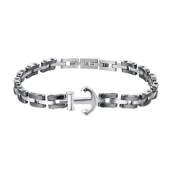 BRACELET HOMME IP EN ACIER ROSE AVEC ÉLÉMENTS EN CÉRAMIQUE NOIRE ET ANCRE