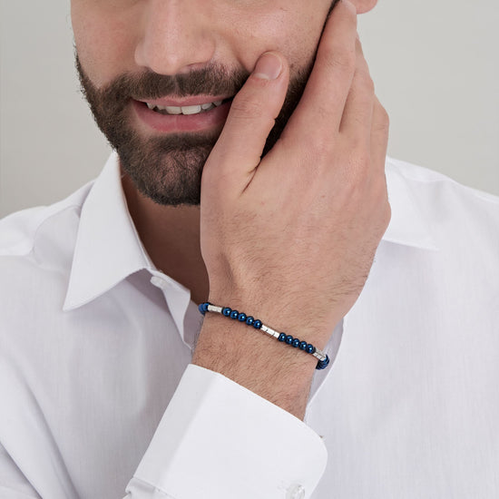 BRACELET POUR HOMME EN ACIER AVEC PIERRES BLEUES ET ÉLÉMENTS EN ACIER