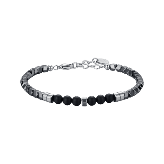 BRACELET ACIER POUR HOMME AVEC EMATITE IP GRISE ET PIERRES NOIRES Luca Barra