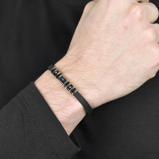 BRACELET HOMME EN SILICONE NOIR AVEC ÉLÉMENTS EN ACIER ET IP NOIR ET VENT ROSE Luca Barra