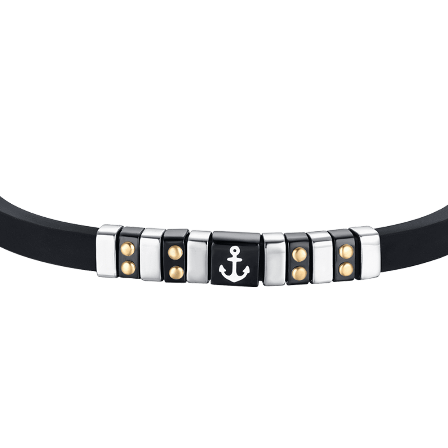 BRACELET HOMME EN SILICONE NOIR AVEC ÉLÉMENTS EN ACIER, IP NOIR ET OR AVEC ANCRE