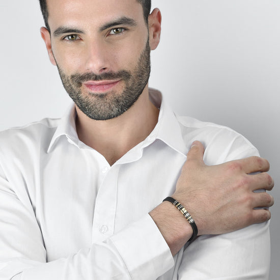 BRACELET SILICONE NOIR POUR HOMME AVEC ÉLÉMENTS EN ACIER NOIR ET OR IP AVEC ANCRE