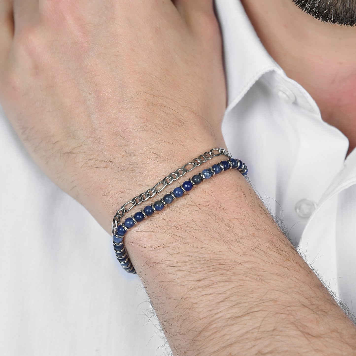 BRACELET EN ACIER POUR HOMME AVEC PIERRES BLEUES ET ELEMENTS EN ACIER Luca Barra