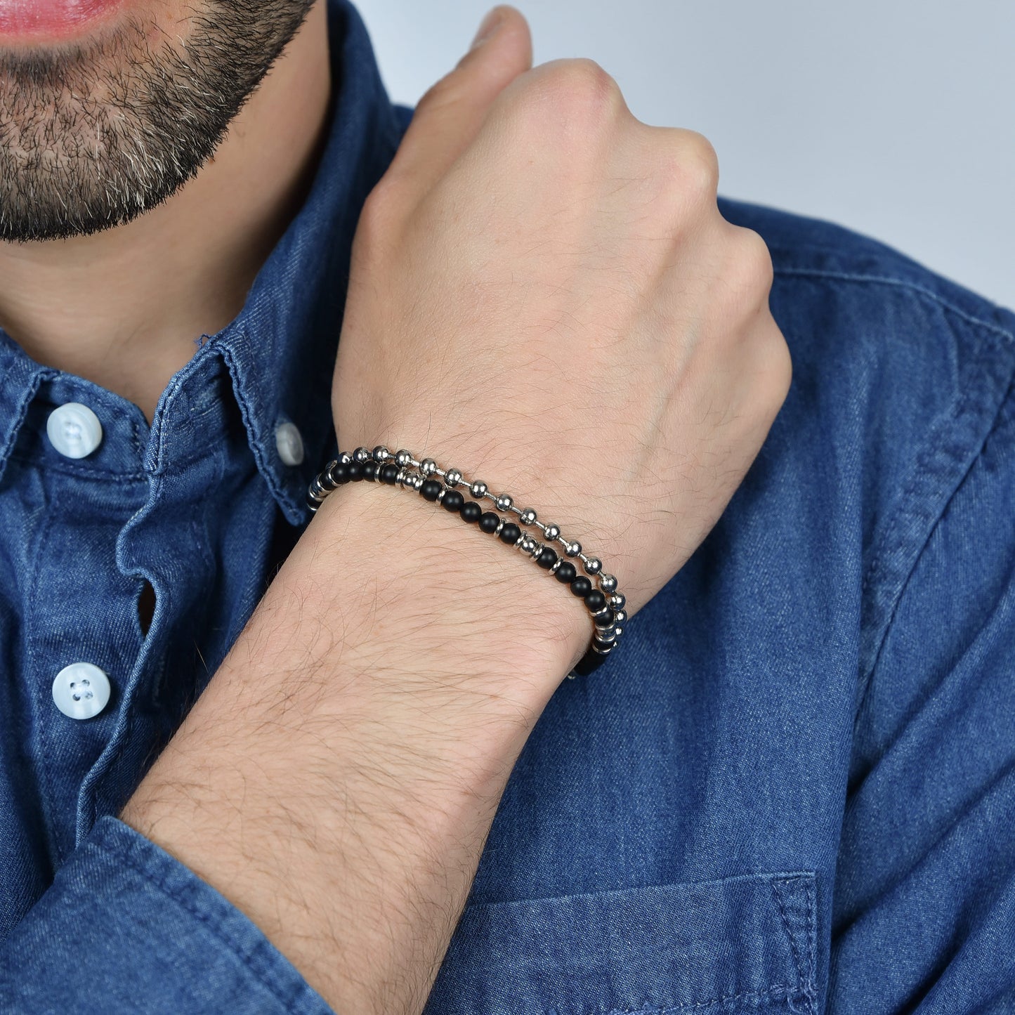 BRACELET HOMME EN ACIER AVEC ÉLÉMENTS D'AGATE NOIRE ET D'ACIER Luca Barra