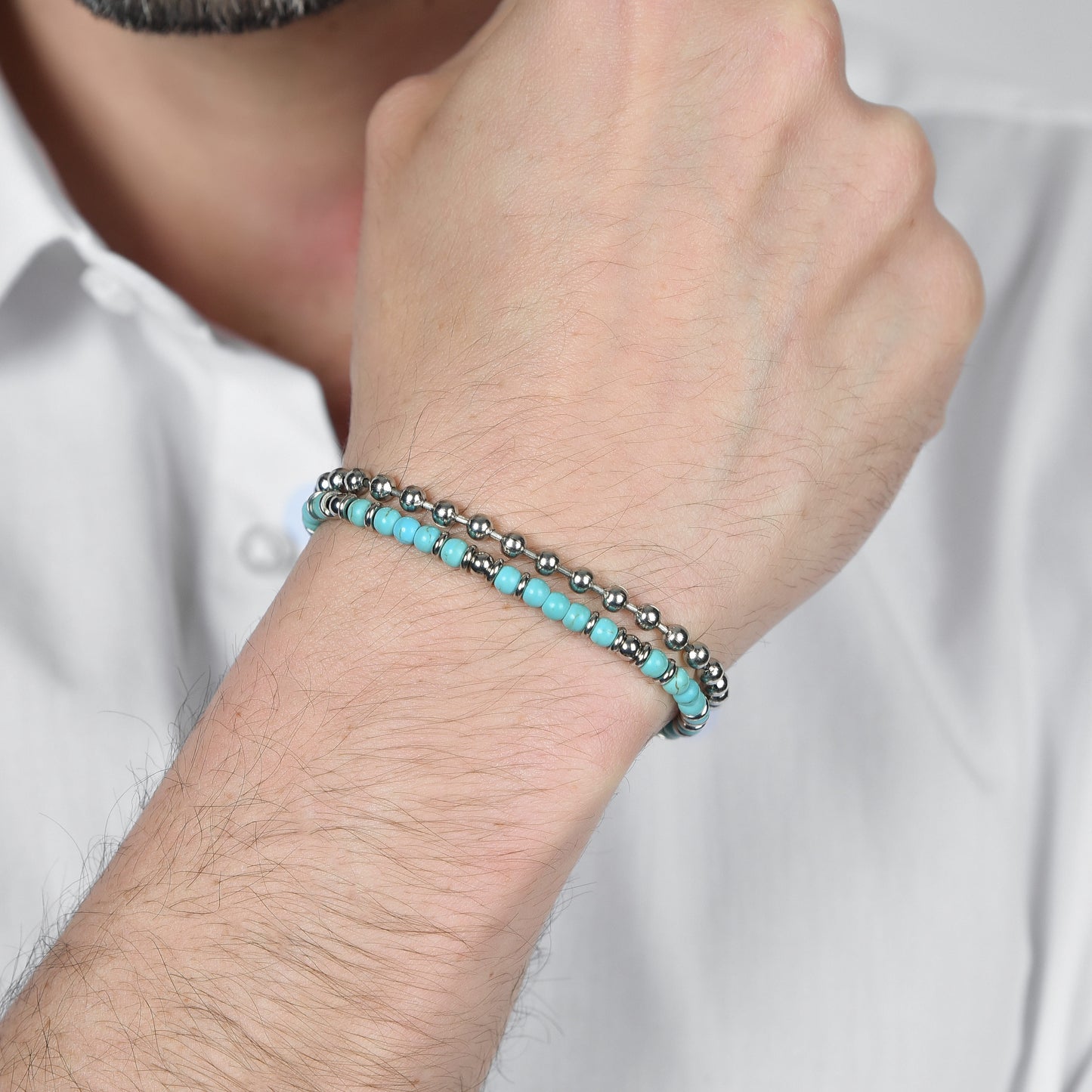 BRACELET HOMME EN ACIER AVEC PIERRES TURQUOISE ET ELEMENTS EN ACIER Luca Barra