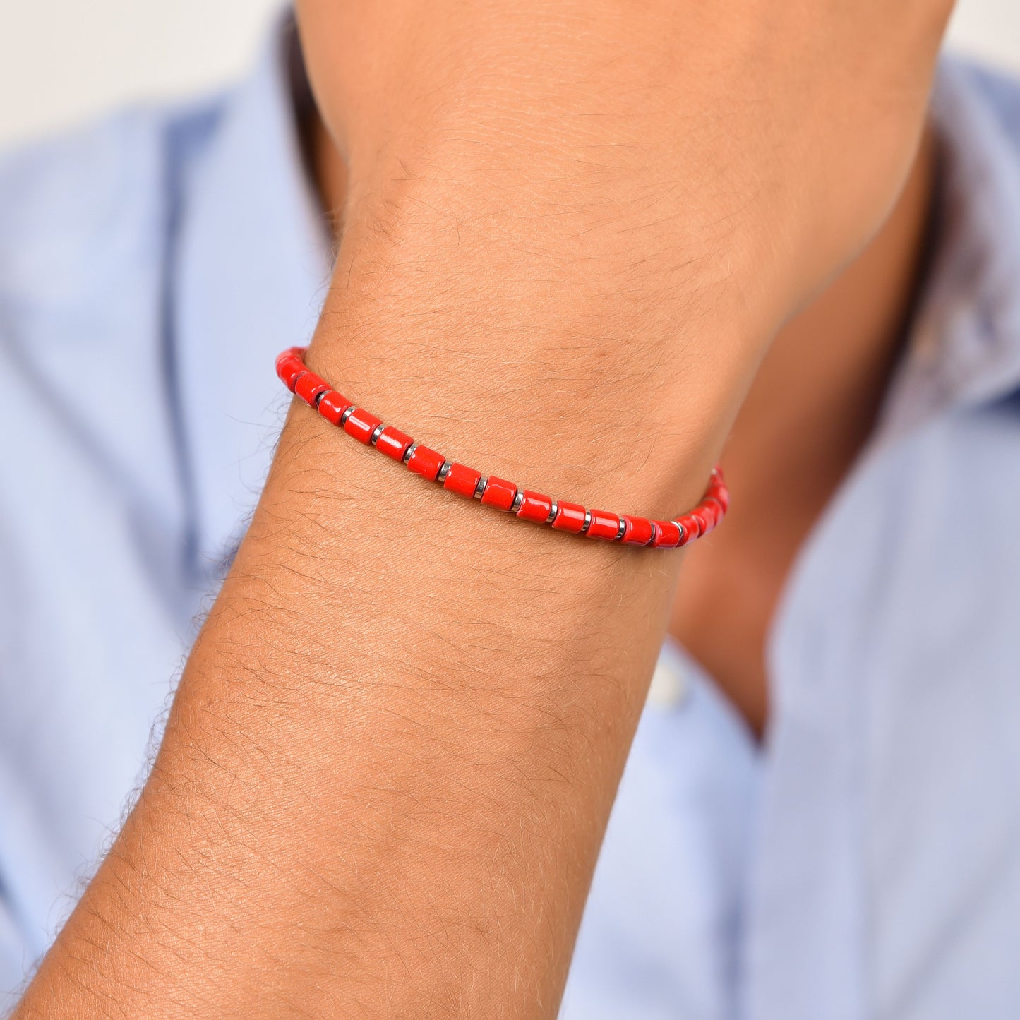 BRACELET HOMME EN ACIER AVEC PIERRES ROUGES Luca Barra