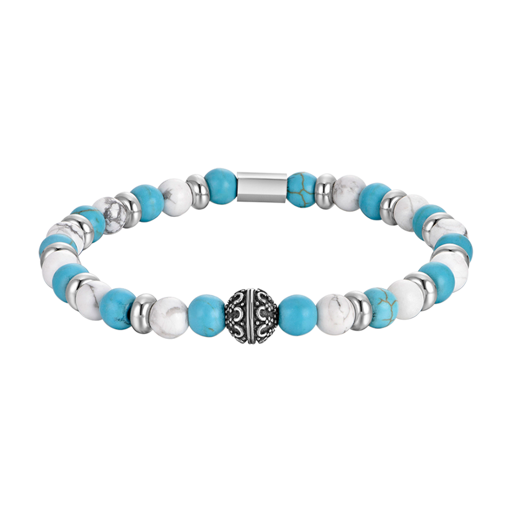 BRACELET ELASTIQUE POUR HOMME AVEC PIERRES BLEUES ET BLANCHES ET ELEMENTS EN ACIER Luca Barra