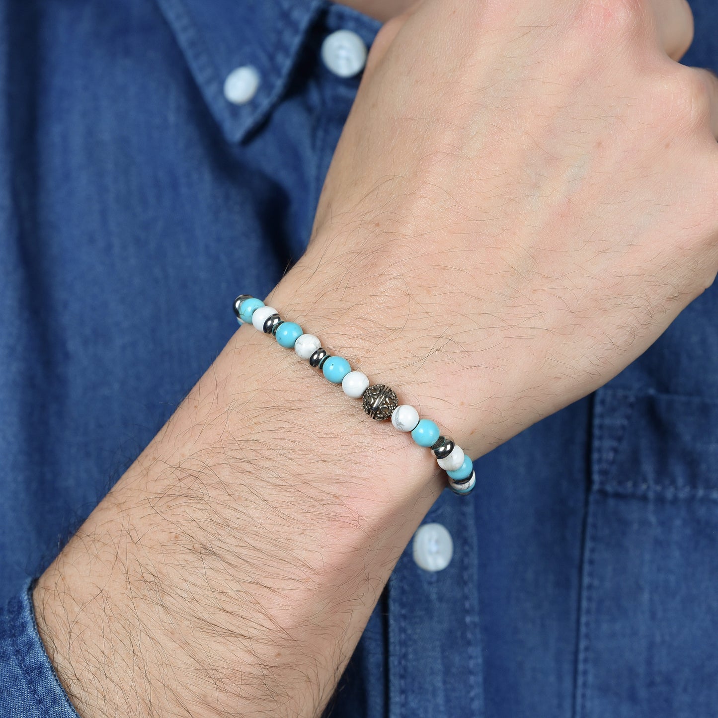 BRACELET ELASTIQUE POUR HOMME AVEC PIERRES BLEUES ET BLANCHES ET ELEMENTS EN ACIER Luca Barra