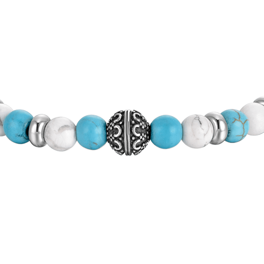 BRACELET ELASTIQUE POUR HOMME AVEC PIERRES BLEUES ET BLANCHES ET ELEMENTS EN ACIER Luca Barra